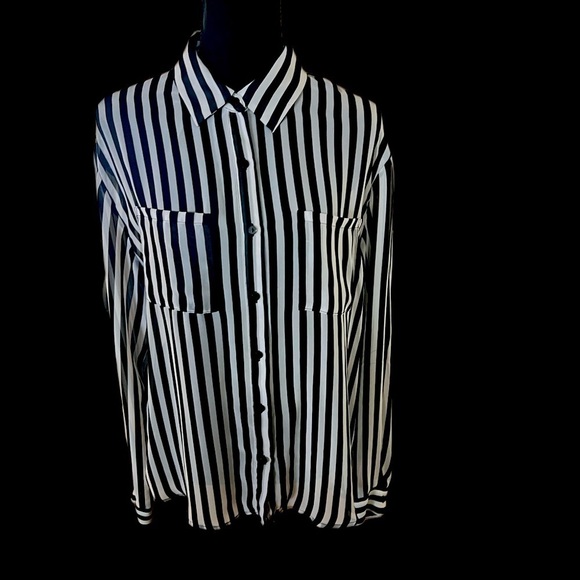 DECREE Striped Button Down Top - Black & White - Picture 1 of 4